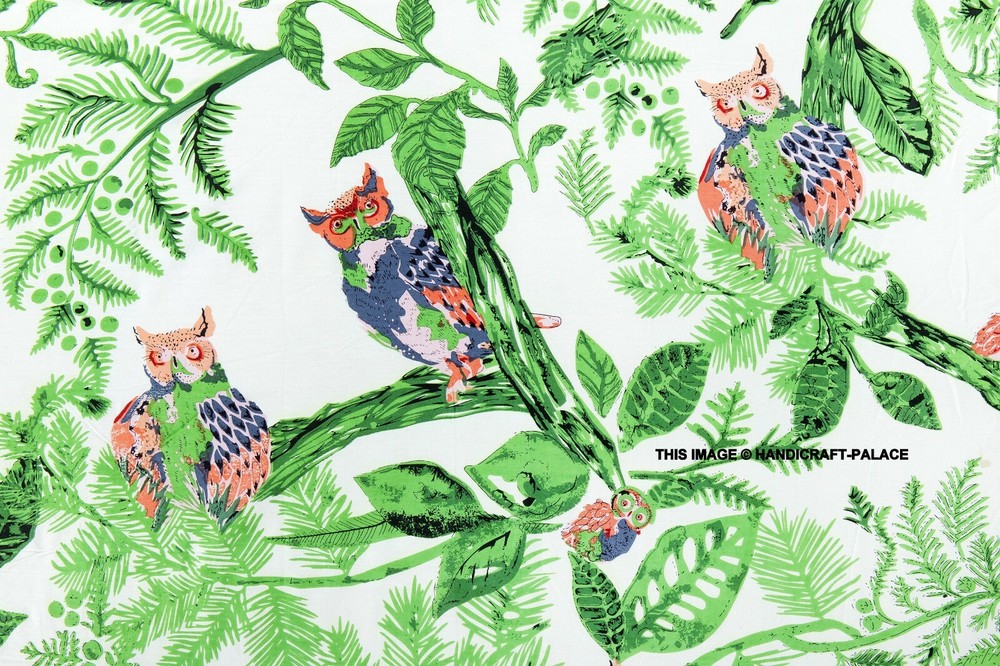 5 Yard Hand Block Print Handmade Cotton Indian Green Owl Bird Print Fabric Craft