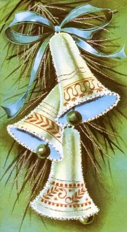 Handmade 5×10 Retro Mid-Century Blue & Green Christmas Bells Cotton Fabric Block