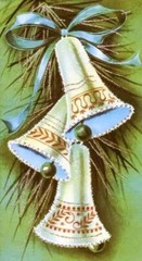 Handmade 5×10 Retro Mid-Century Blue & Green Christmas Bells Cotton Fabric Block