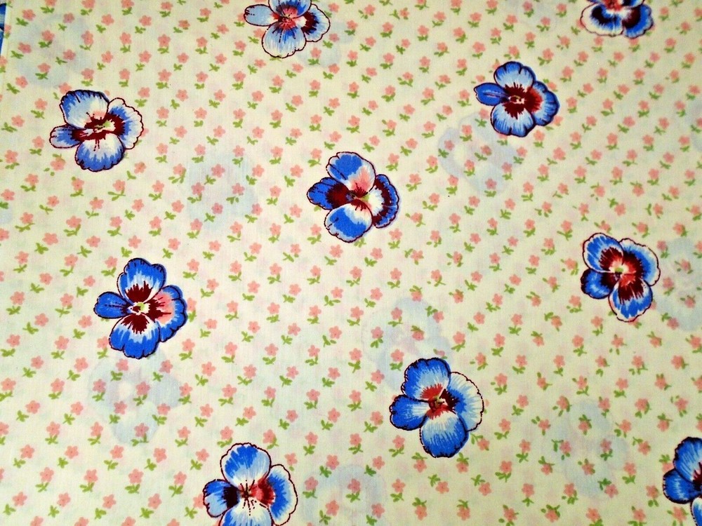 Vintage Pansies on Cream Poly Cotton Fabric Extra 96″ Wide x 60″ Long + Scrap