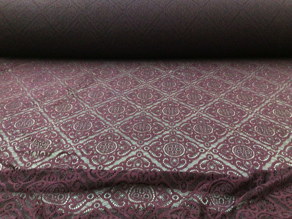 Embroidered Stretch Lace Apparel Fabric Sheer Diamond Mulberry Purple YY213