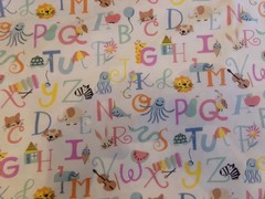 cotton flannel fabric alphabet with pictures on white 42″ wide by the 1/2 yard