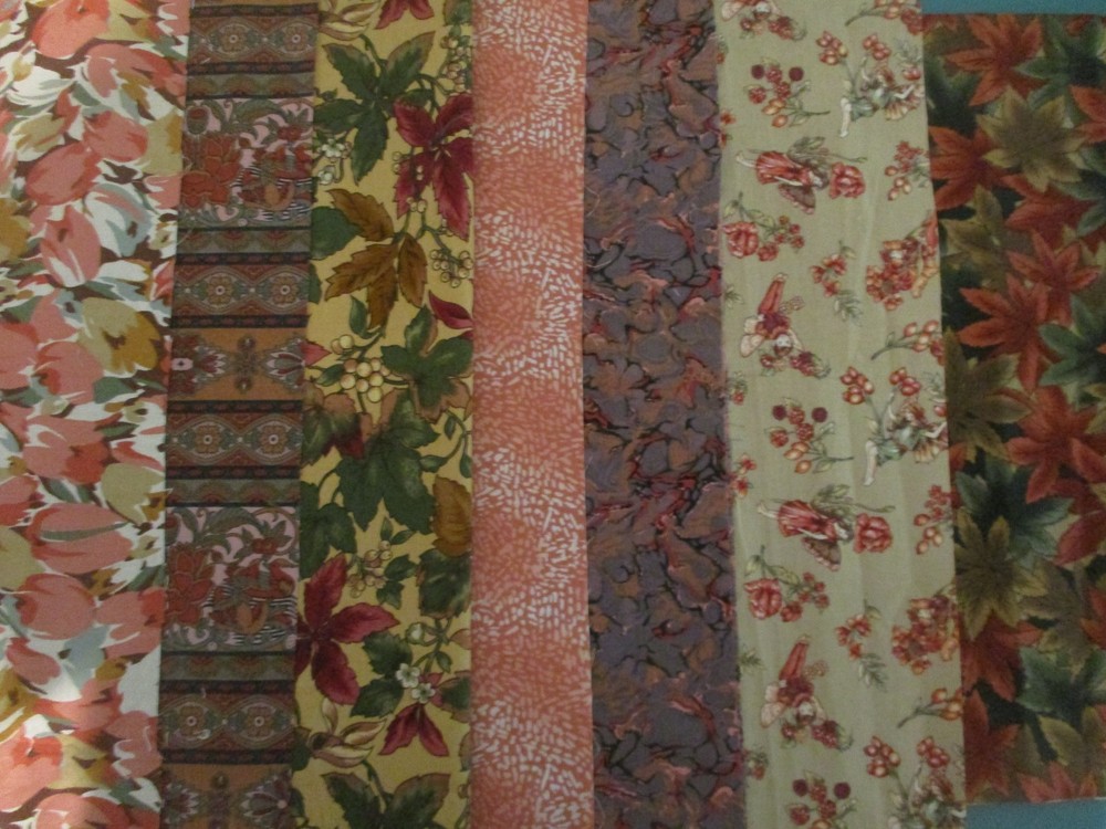 Cotton Quilt Craft Fabric Scrap Bundle Lot 7 Prints Flower Fairies Brown Peach