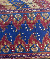 Vintage Indonesian Batik Fabric Cotton Floral Geometric Blue & Red Sarong 75×46