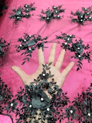 Black 3D Floral Lace Embroidered Rhinestones in a Mesh Lace Fabric By Yard