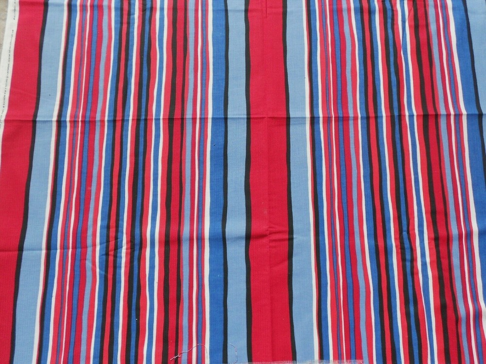 Lemeau VINTAGE Fabric Wide Stripe Red Blue White Black Cotton Canvas BTY