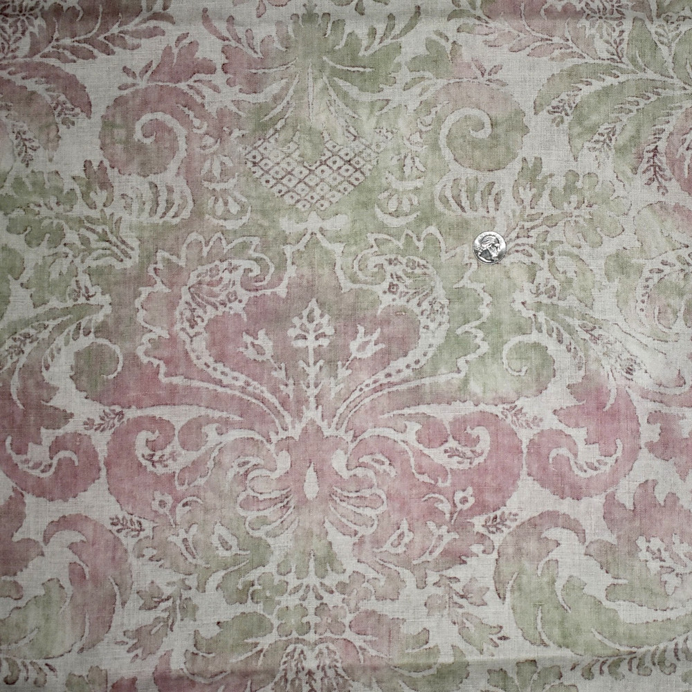 Le Gracieux MARIANO — CRANBERRY/MOSS 100% Linen Fabric 66″L x 52″W LARGE REMNANT