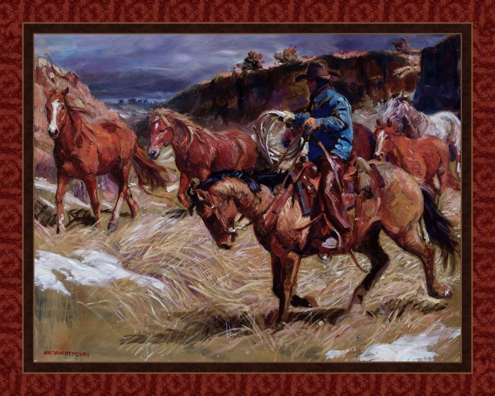CANYON GATHERING “Before The Hard Work” 36″X45″ Quilt Panel Cowboy Horse Drive