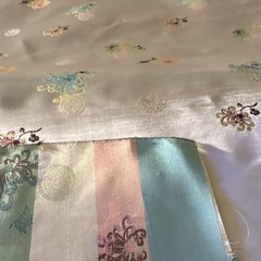 Asian brocade fabric Silver with yellow, pink, Blue,flowers. Wide 28” BTY