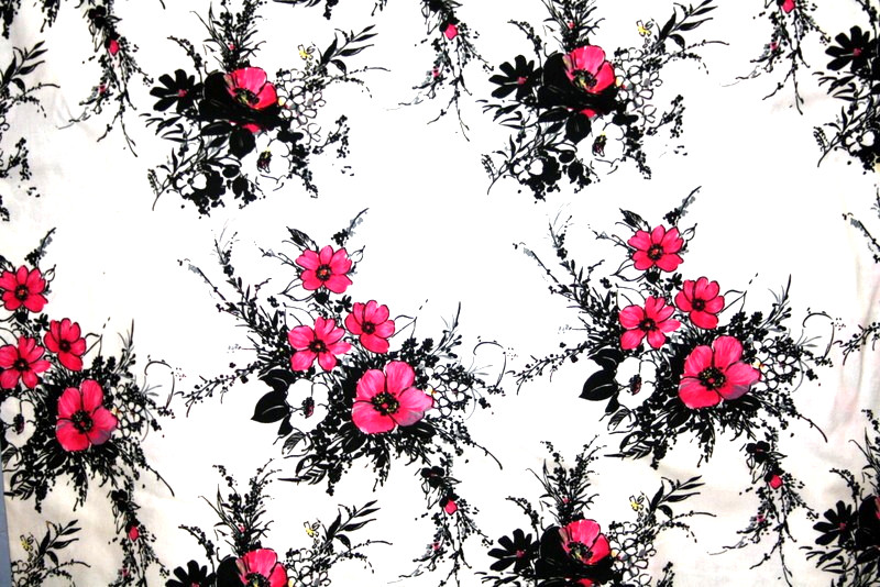 PINK WHITE AND BLACK FLORAL BOUQUET ON WHITE – 100% COTTON FABRIC