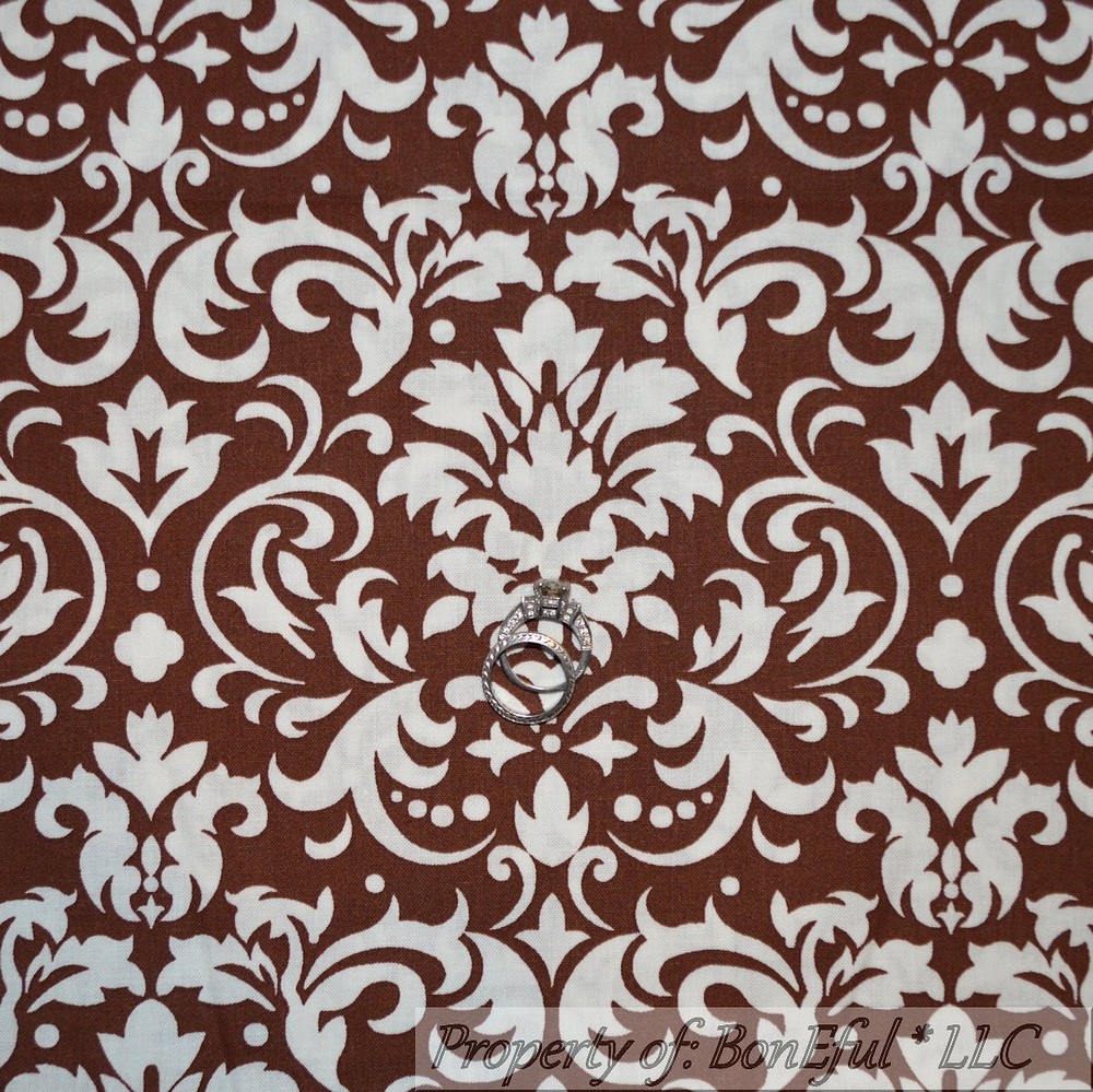 BonEful Fabric FQ Cotton Quilt VTG Brown Cream Off White Ivory Flower Damask Dot