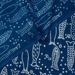 Indigo Fish Print Fabric Cotton Hand Block Summer Dressmaking Fabric By The Yard