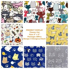 48 PCS Cat Charm Pack Fabric Squares, 5 x 5, Quilting Cotton, Precut, Sewing