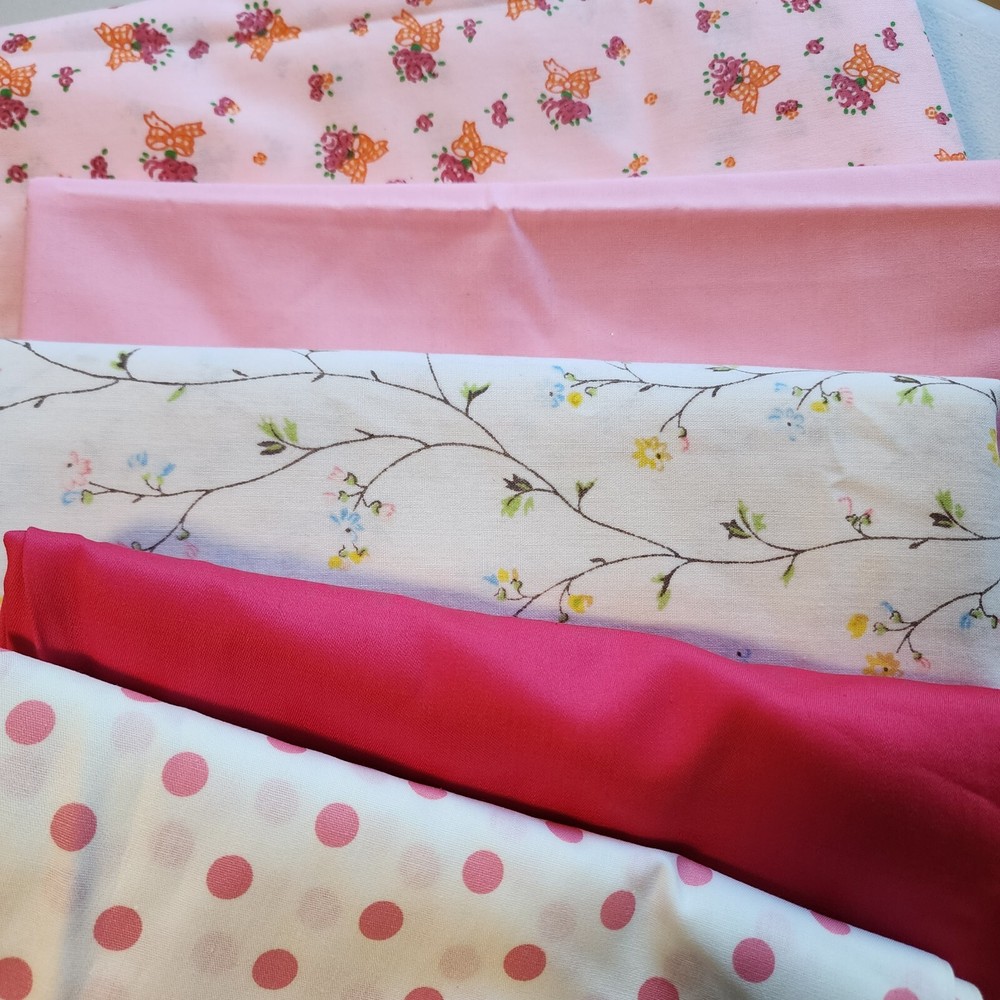 Vintage Pink Fabric Floral Solid Poka Dot Craft Quilt DIY Cotton Mix 6 Yard Lot
