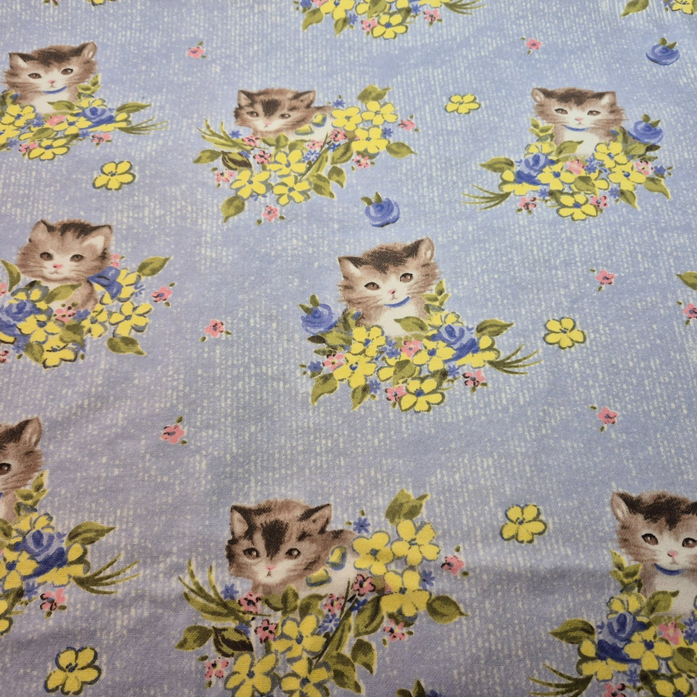 Kittens in Flowers Purple Yellow Cotton Flannel Daisy Kingdom 3 Yds Tabby Kitty