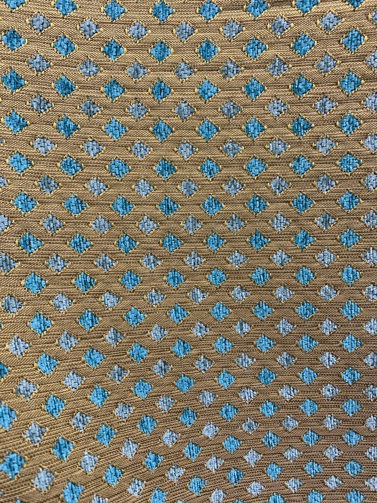 TURQUOISE BLUE GOLD DIAMOND CHENILLE UPHOLSTERY BROCADE FABRIC (56 in.) Sold BTY