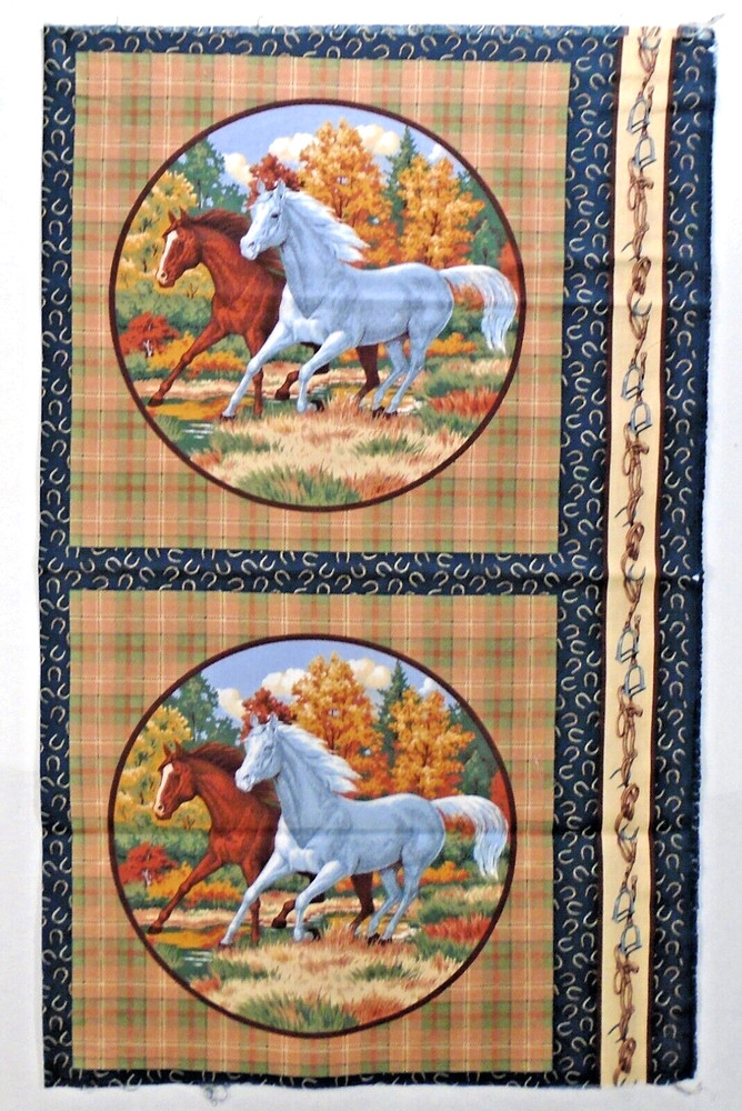 Running Horses White Chestnut Wamsutta Pillow Blocks Cotton Fabric Panel 44×35″