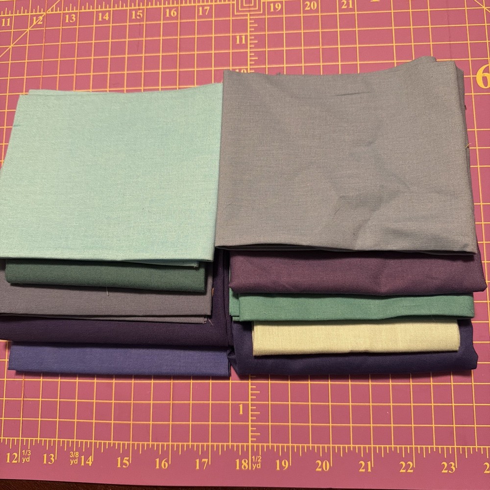 Set Of 10 Cotton Quilt Fabric Fat Quarters Blue Green Solid Modern Teal
