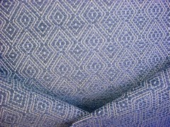 11-1/8Y KRAVET 34334 DUSTY BLUE GOLDEN BEIGE DIAMOND LATTICE UPHOLSTERY FABRIC
