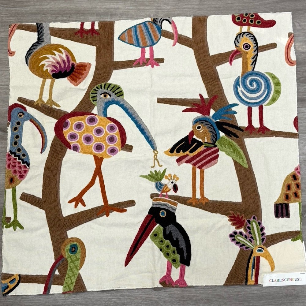 CLARANCE HOUSE Signature Whimsical POLLY BIRDS Crewel Fabric Sample 26”x26”