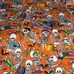Rolling bones Skeleton Band Spooky Halloween Cotton Fabric 42” X 18” Orange