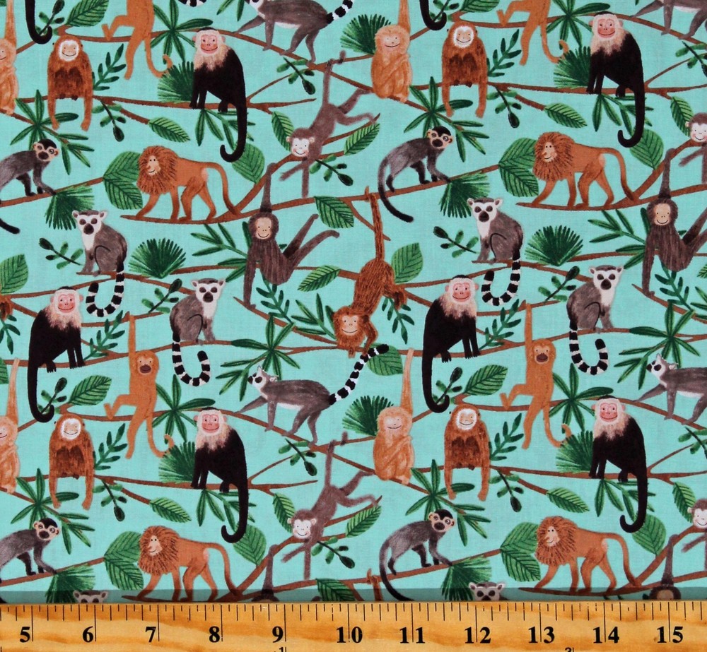Cotton Lemurs Monkeys Trees Branches Animals Turquoise Fabric Print BTY D474.61