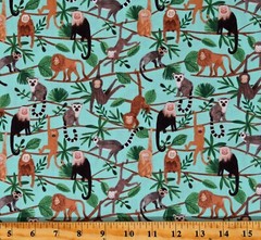 Cotton Lemurs Monkeys Trees Branches Animals Turquoise Fabric Print BTY D474.61