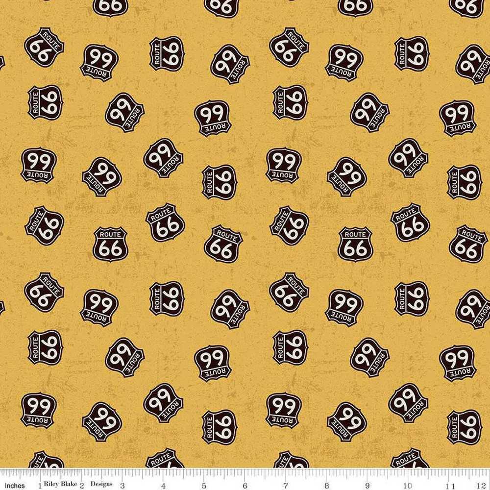 Route 66 Signs Gold Cotton Fabric