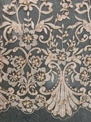 Daphne PEACH Faux Pearls Beaded Flowers and Vines Lace Embroidery on Mesh Fabri