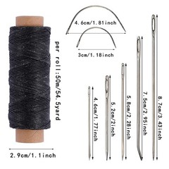 55Yards Waxed Thread with 7 Pcs Leather Needles for Hand Sewing 150D Black
