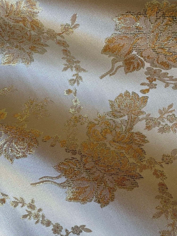 Cream & Gold Roses Floral – Faux Silk Brocade Jacquard Fabric