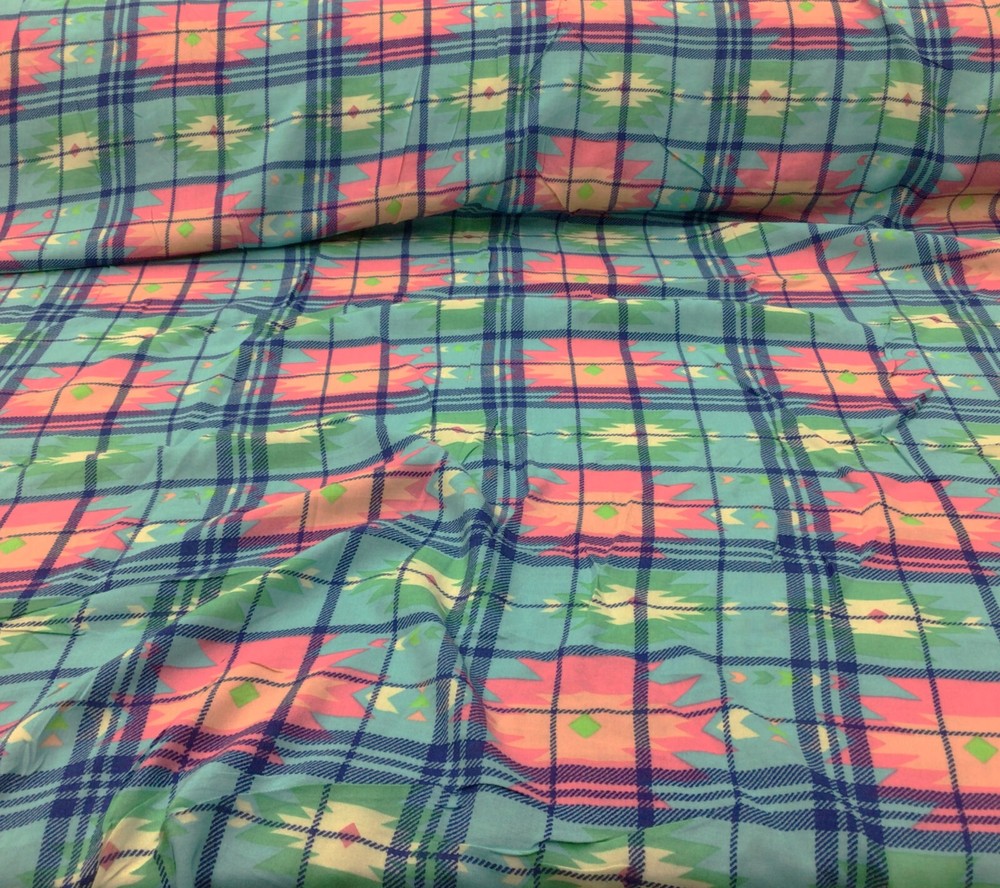 Challis Rayon Apparel Fabric Aztec Plaid Pink Orange Green Blue Cream F520