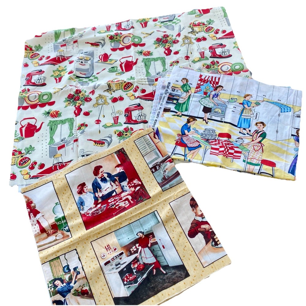 Michael Miller Fabric Lot Vintage Quilts Apron 50s Kitchen Cooking 3 Pieces