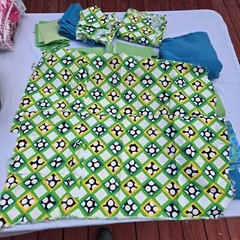 Vintage Fabric Scrap LOT Lime Green Wool Blue Mid Century Mod Aunt Leo D5