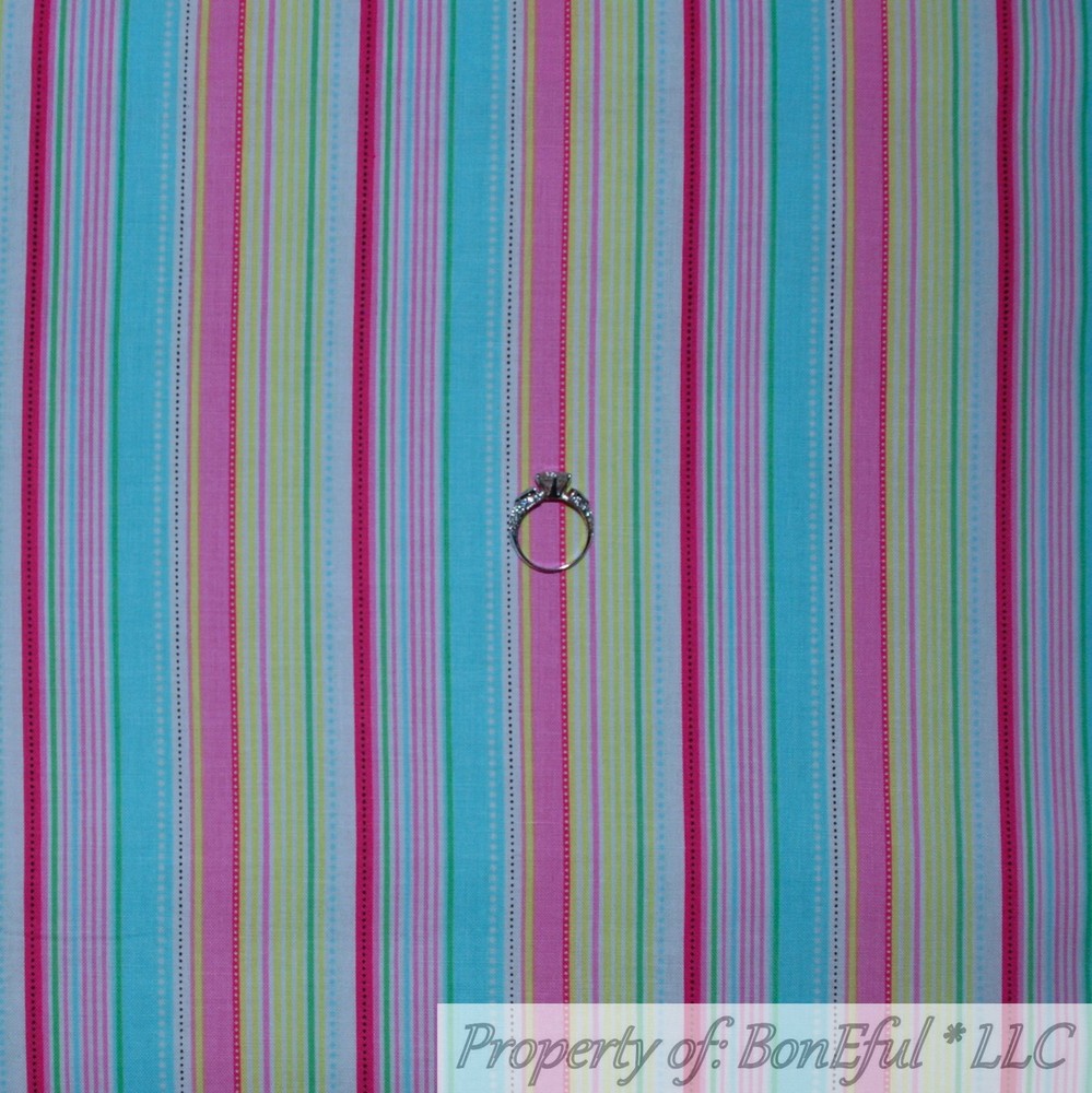 BonEful Fabric FQ Cotton Quilt Rainbow White Pink Aqua Blue Stripe Baby Unisex S
