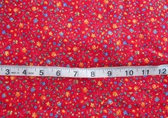 1 3/8 yd Cotton Fabric Red with Golden, Blue & Yellow Flowers