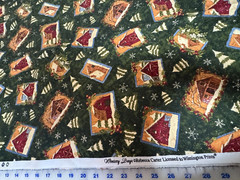 Wintery Days – Barns & Trees on Dark Green cotton Fabric per yd quilt / sew 44″
