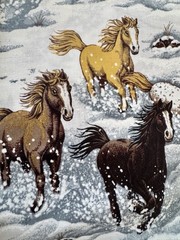 Horses In The Snow, Snowy Canyon. Grey. Brown. Tan.White Cotton Fabric Per Yard