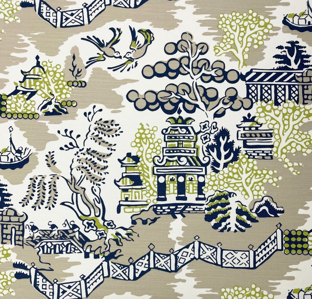 THIBAUT LUZON NAVY BLUE ON BEIGE ASIAN TOILE MULTIUSE LINEN FABRIC BY YARD 54″W