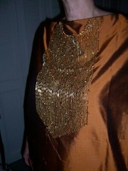 2yds COGNAC THAI SILK HAND GOLD BEADED NECK BIB RHINESTONES FABRIC IRIDESCENT