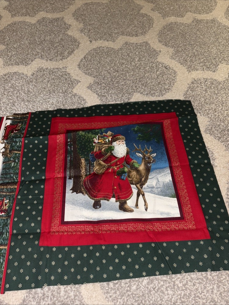 Lot of 2 Vintage Sewing Fabric Panels Pillow Tops Old Fashion Santa 14″ Square