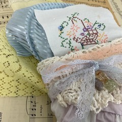 Romantic Pastel Slow Stitch Bundle with Vintage Fabrics, Trim, Buttons & Beads