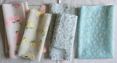 Mixed lot of flocked sheer floral fabric, pink yellow aqua blue, sizes in photos
