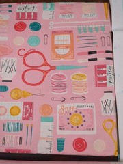 Sewing themed Fabric, pink and blue, 1lb 11oz, button, needles, scissors, thread