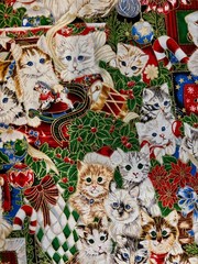 HUGE Vtg Jenny Newland 44x108inch LARGE Christmas Cats Kittens Applejack Fabric