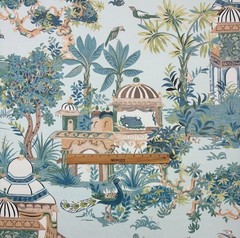 THIBAUT MYSTIC GARDEN SPA BLUE PEACOCK TEMPLE TOILE MULTIUSE FABRIC BY YARD 54″W
