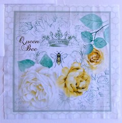 Cotton Fabric Pic B Queen Bee and Flowers Square is 10 1/4″ L x 10″ W Cream Bkg