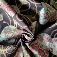 Circles & Ribbons Japanese Floral-Print Gray Cotton Shirting w/ Metallic Gold