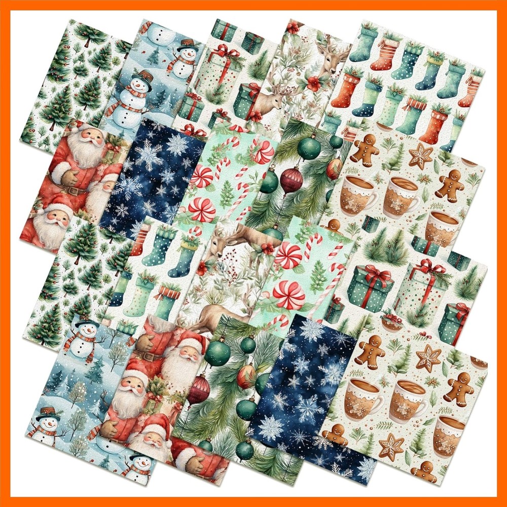 10 Pcs Watercolor Christmas Quilting Fabric Bundles 20 x 20 Inch | Santa Ging…