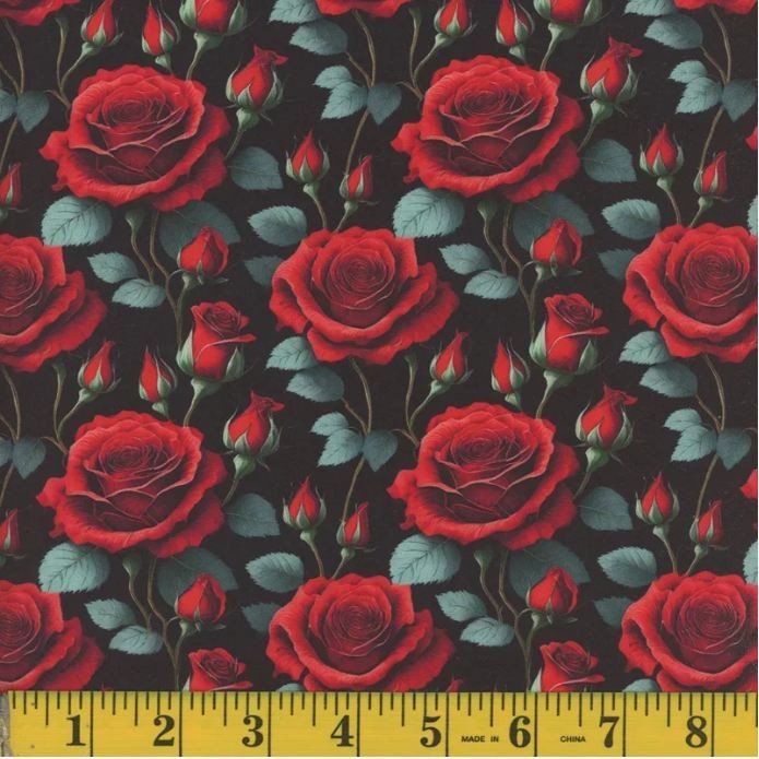 Cotton Rose Red Black Roses Flowers Floral on Black Fabric Print by Yard D369.44